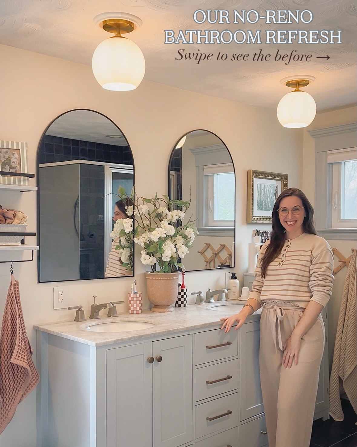 No-Reno Bathroom Refresh | Part 1
Before → After & what’s to come!

I updated our main bathroom without a renovation—with thoughtful changes to lighting, paint, and styling. It already feels brighter and more like us. A couple finishing touches are still coming (new shades and faucets), but I couldn’t wait to share this refresh! ✨