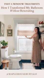 Upgrade your window treatments! I promise, it will completely transform your space. 
▫️Thank you @twopagescurtains for partnering with me to bring my dream bathroom Roman shades to life.
▫️Follow + comment “SHADE” & I’ll send you the link
▫️ Use my exclusive promo code MAPLE22 for 22% off
▫️ The details: Stefana Silber Printed Cordless Roman Shade in Block Print Gray (BP111), Cordless Manual, Privacy Lining, Inside Mount. 
▫️This is Part 2 of my series: How I Transformed My Bathroom Without Renovating as a Busy, Full-Time Working Mom on a Budget
▫️Follow along to see what’s coming up next: modern-vintage decor styling, mixing metals and more!

#twopageshome #romanshades #bathroomdecor #customcurtains #historichouse