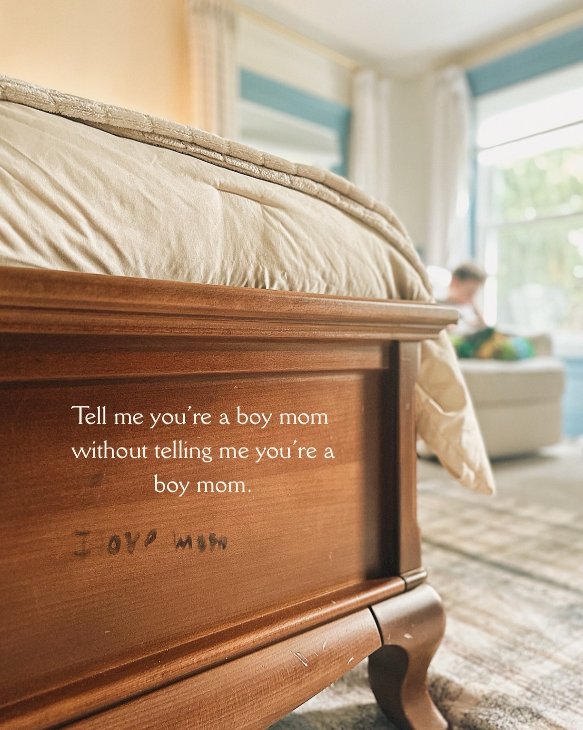 Sound familiar? 😂🫠 
I was helping my son organize and clean his room today and told him to make his bed. I was sitting at the foot of the bed folding his clothes when he pulled up the comforter and I saw “I love mom” written in (he says) washable marker. I wanted to be mad but at the same time - how can I be mad? I asked him why he wrote it and he simply said, “Because I love you.”