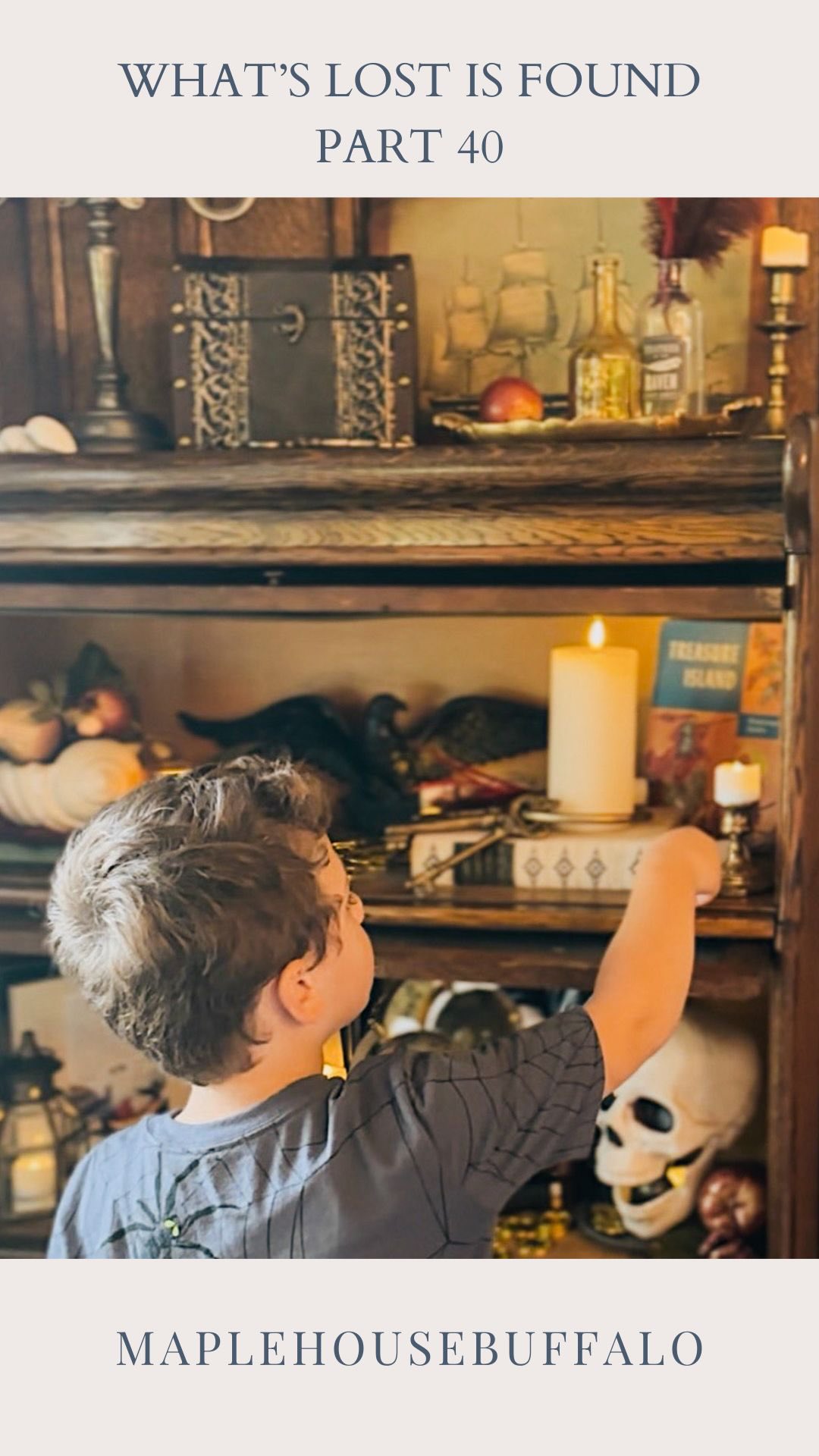 Part 40 - What’s Lost is Found
Revealing the fully decorated cabinet tomorrow 🏴‍☠️🪎
My top 8 items to thrift when you're creating a classy-vintage pirate Halloween vingette:
1. Maps
2. Colored glass bottles
3. Faux apples
4. Sea shells
5. Skulls
6. Ship artwork
7. Vintage hardcovers w/ creepy titles
8. Brass candlesticks & candelabras

-Ship art and antique ironstone pitcher from @heartsthriftstores 
-Vintage books inherited from my grandmother and sourced from estate sales
-Large seashell, brass ship art, skull, large vintage atlas sourced from @goodwillwny 
-Small & large amber bottles, rolled up maps and vintage wooden-etched treasure chest sourced from my mom marilynns_closet's basement